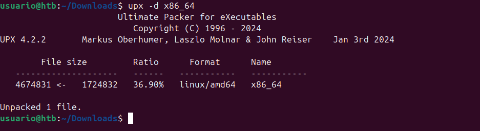 upx -d desempaqueta el binario