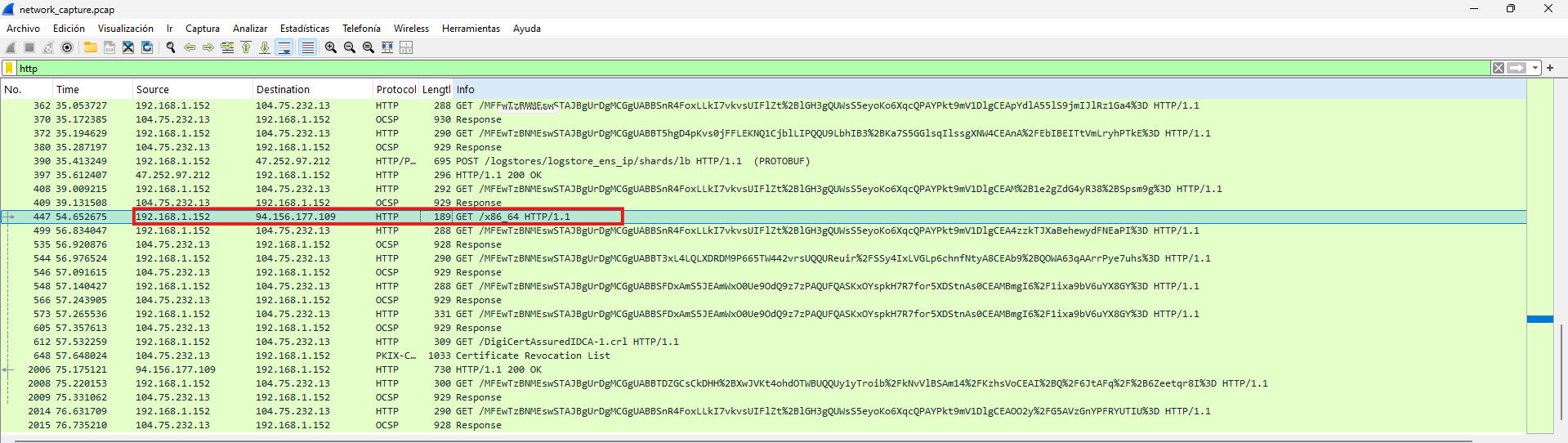 Tráfico HTTP desde la víctima